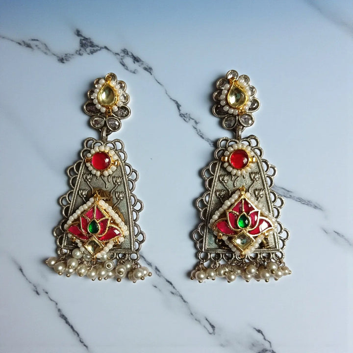 Elegant Renu pachi kundan silver plated earrings with red & green tones — festive dual-tone elegance
