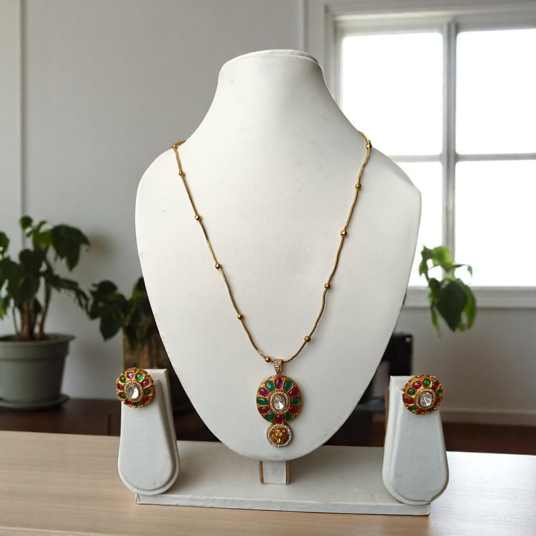 Beaded gold-plated chain forms the base of this necklace set.