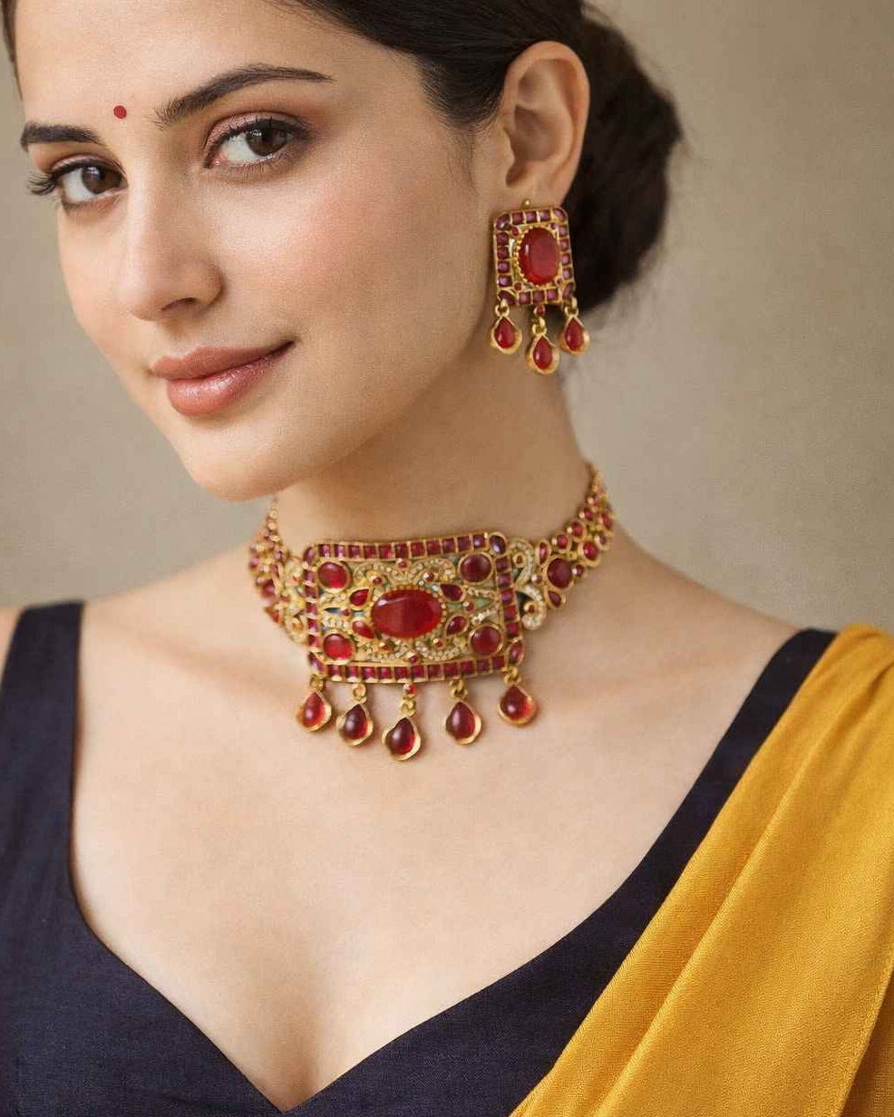 Regal ruby tones shape the centrepiece of this kundan necklace.