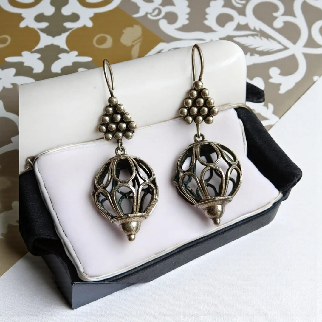 Sanyukta silver plated hook earrings – elegant handcrafted antique jewellery by Tela Naari
