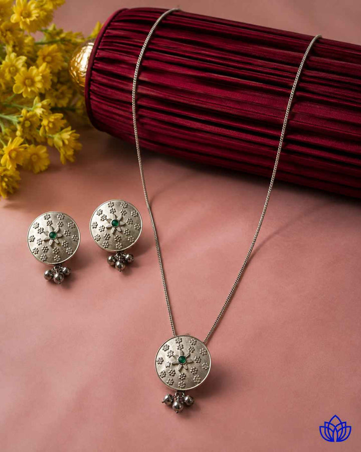 Silver-plated finish covers the surface of this necklace set.