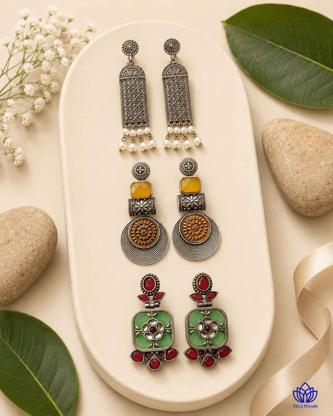 Silver-plated earrings from the Luna Hamper, a Diwali gift for wife