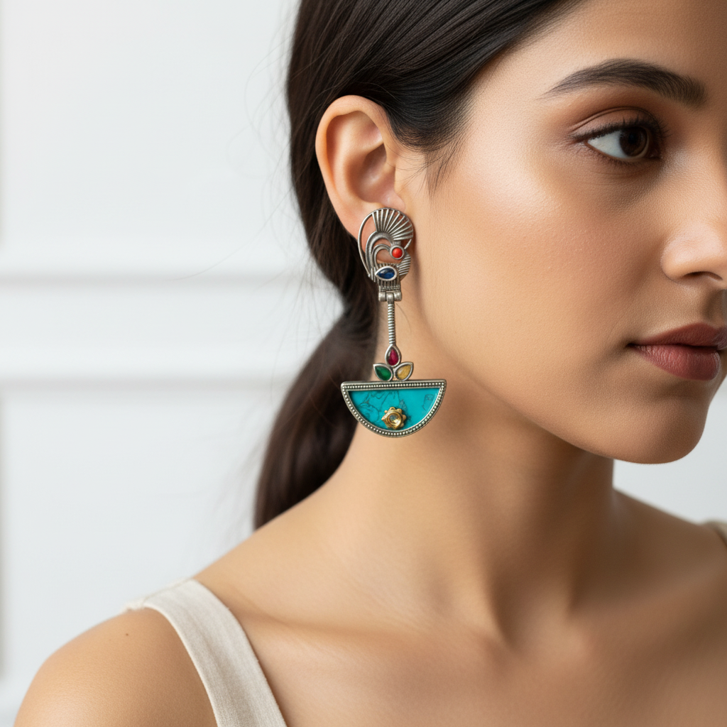 Silver Plated Half-Sun Dangler Earrings - 3 inches