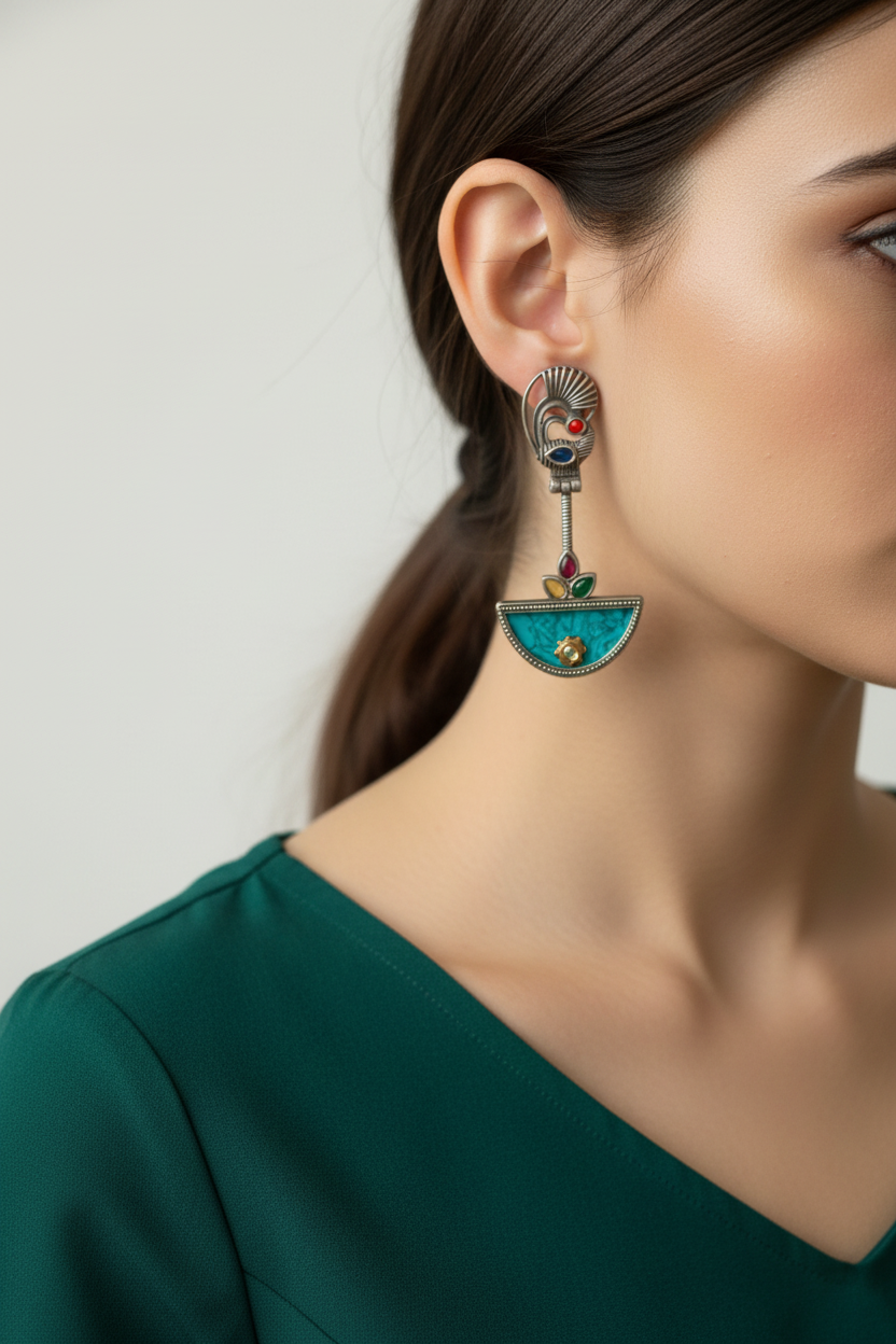 Silver Plated Half-Sun Dangler Earrings on Kashmiri model