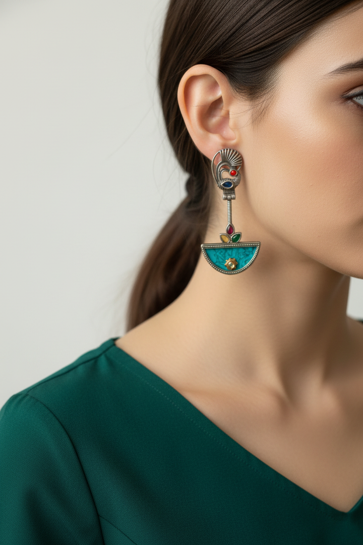Silver Plated Half-Sun Dangler Earrings on Kashmiri model