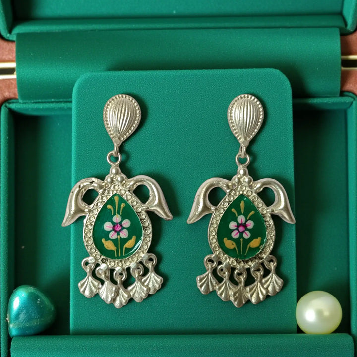 Classic Elegant Abharna Silver Oxidised Hand Painted Earrings