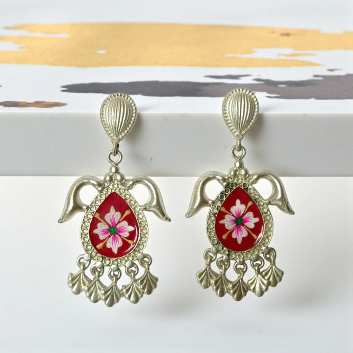 Classic Elegant Abharna Silver Oxidised Hand Painted Earrings