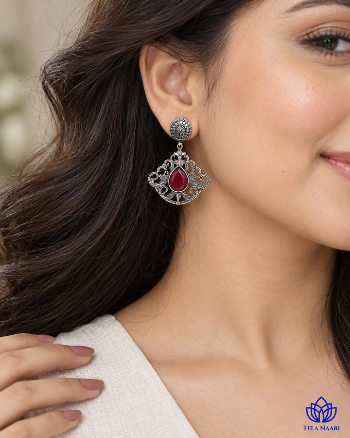 Red Stone Silver oxidised earrings