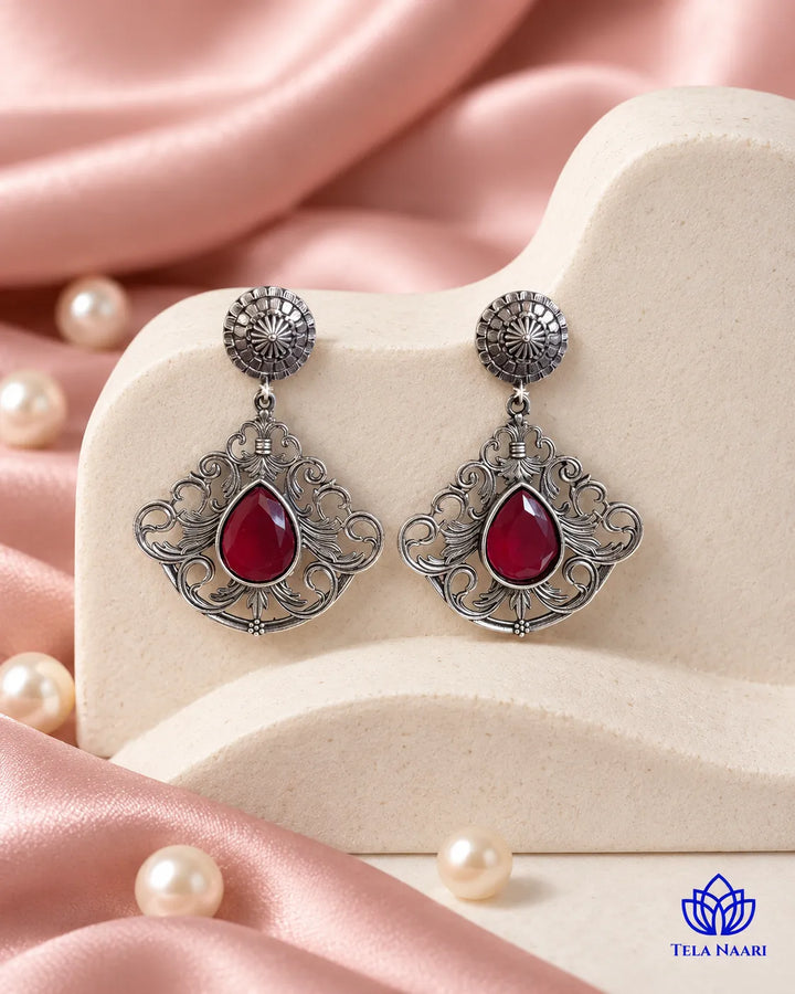 Red Stone Silver oxidised earrings