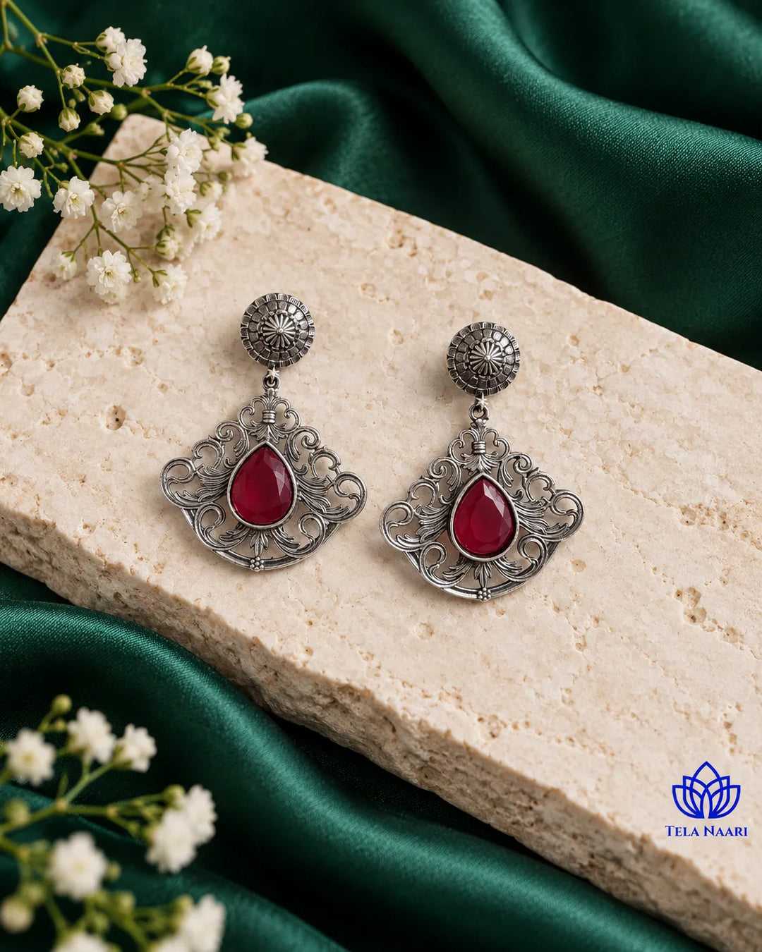 Red Stone Silver oxidised earrings