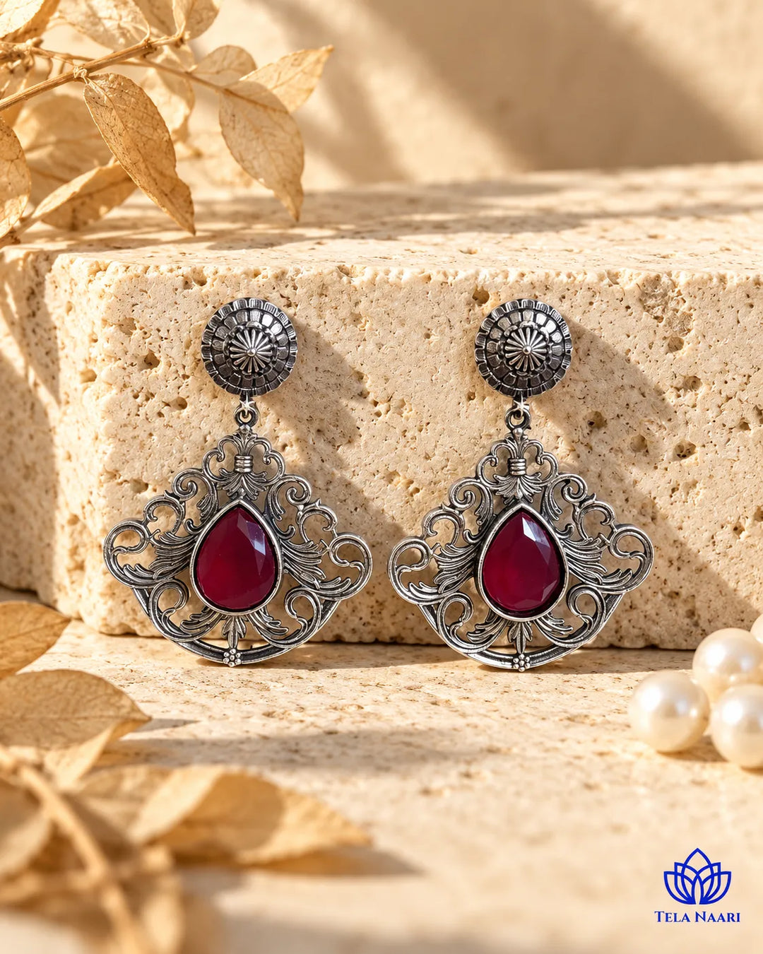 Red Stone Silver oxidised earrings