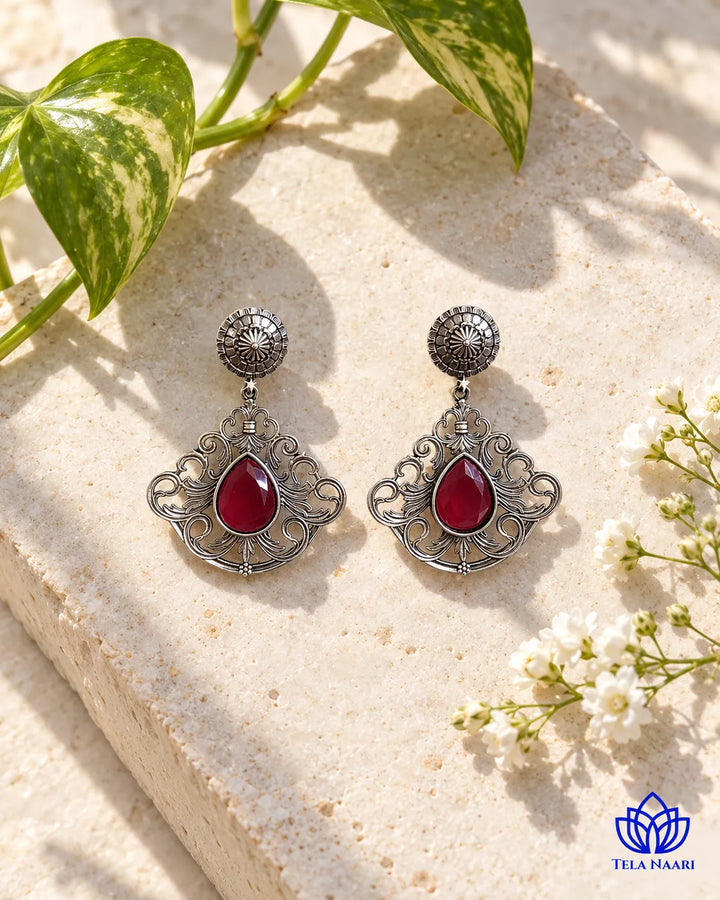 Red Stone Silver oxidised earrings