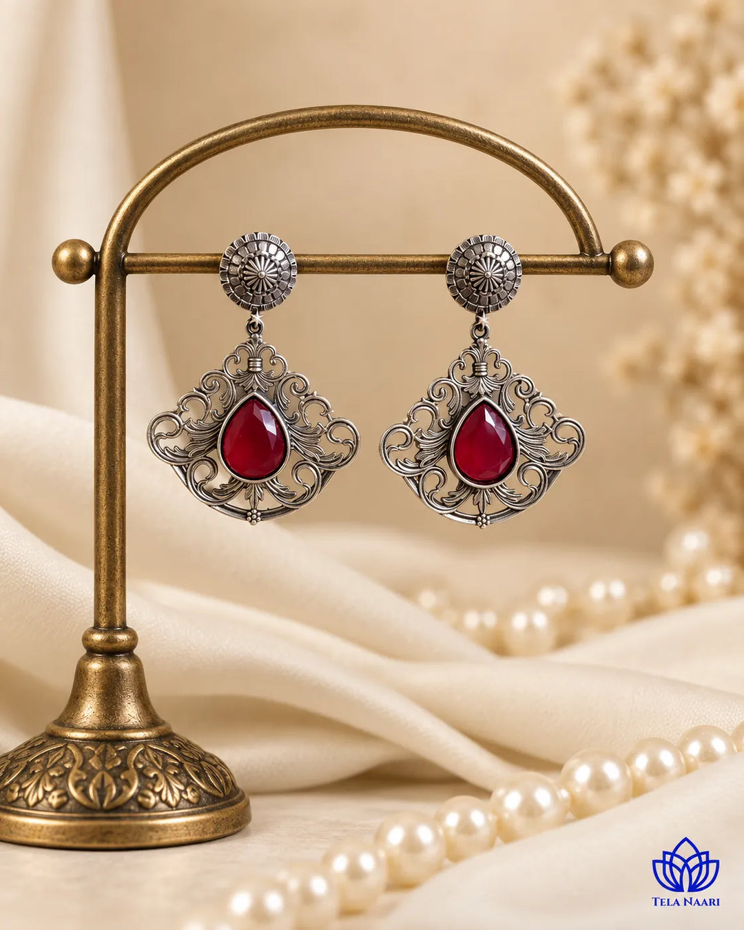 Red Stone Silver oxidised earrings