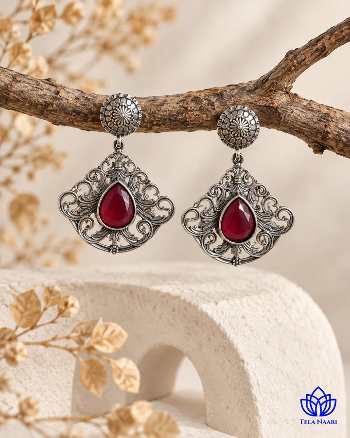 Red Stone Silver oxidised earrings