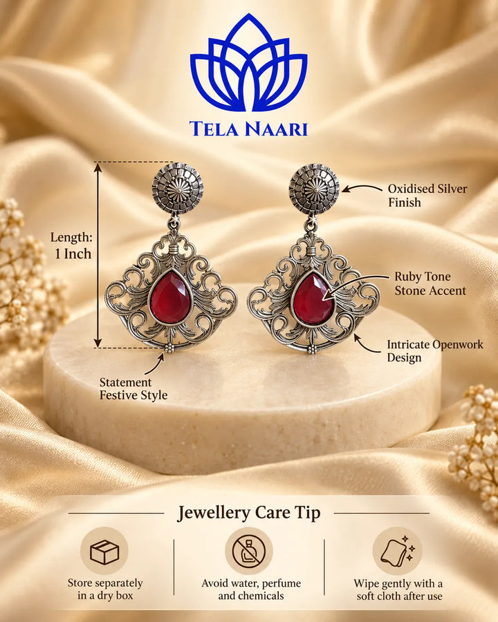 Red Stone Silver oxidised earrings
