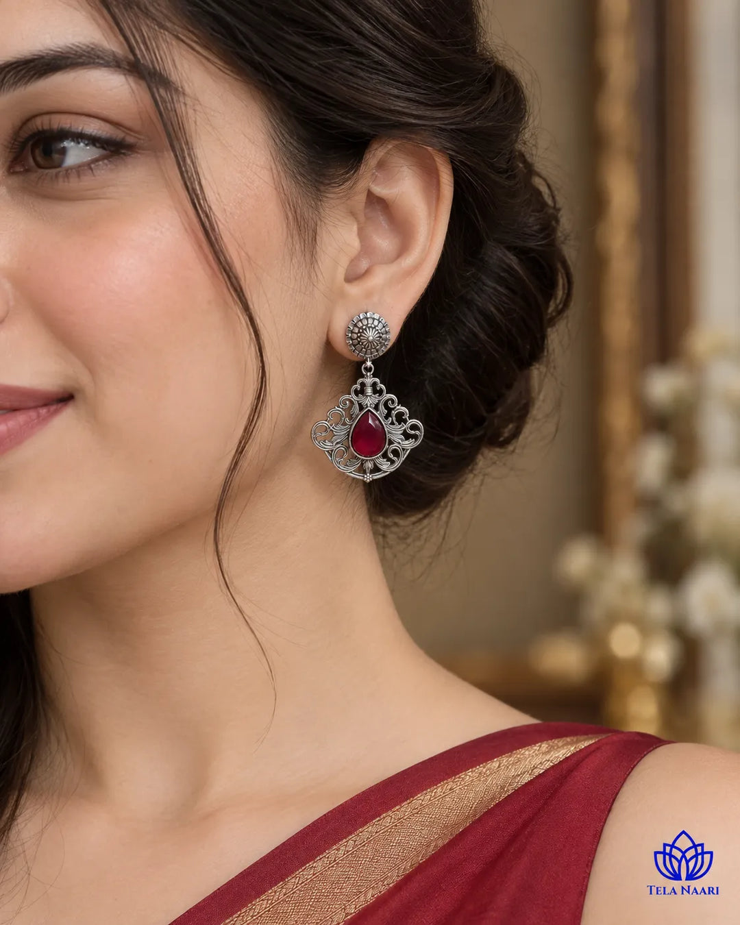 Red Stone Silver oxidised earrings