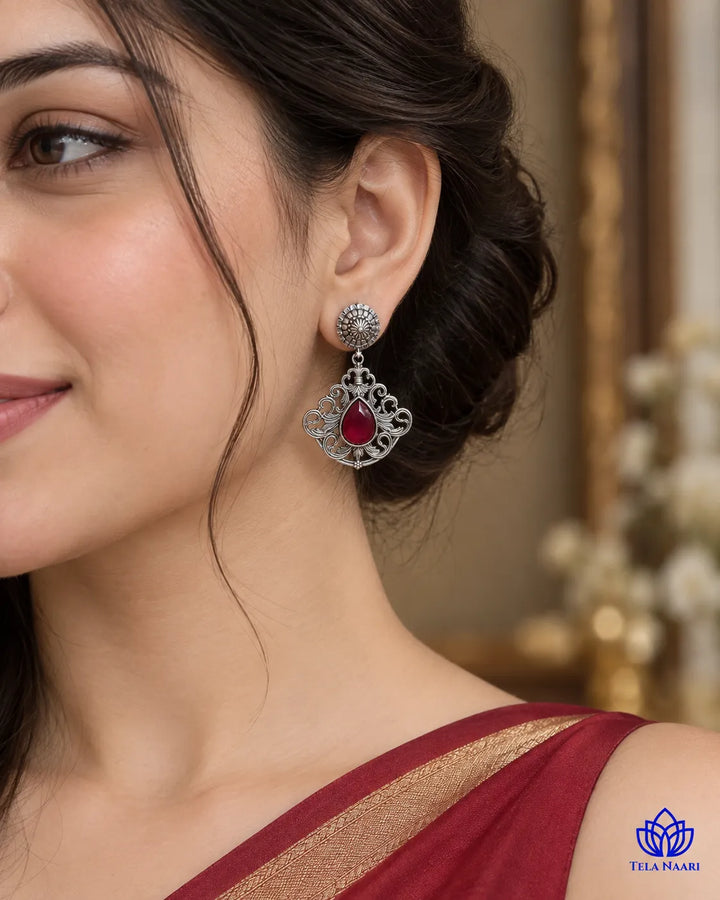 Red Stone Silver oxidised earrings