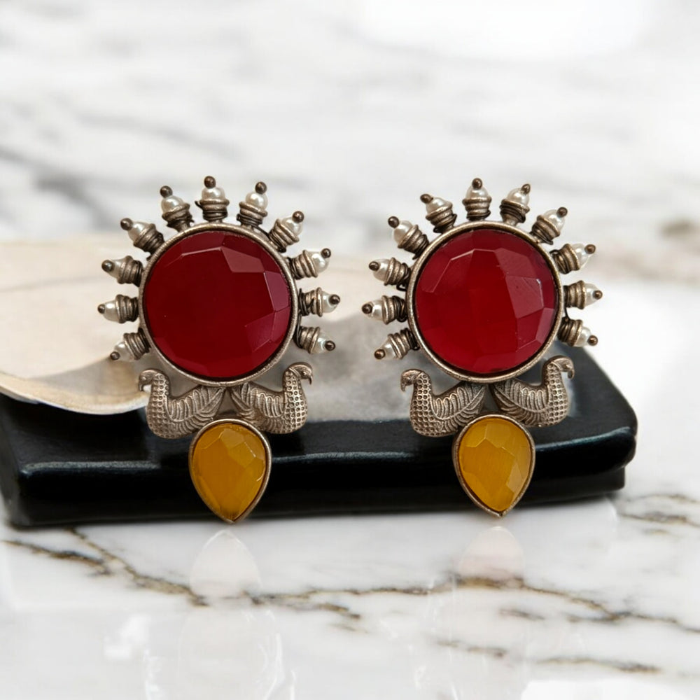 Tela Naari Oxidised Silver-Plated Sunburst Earrings - TelaNaari