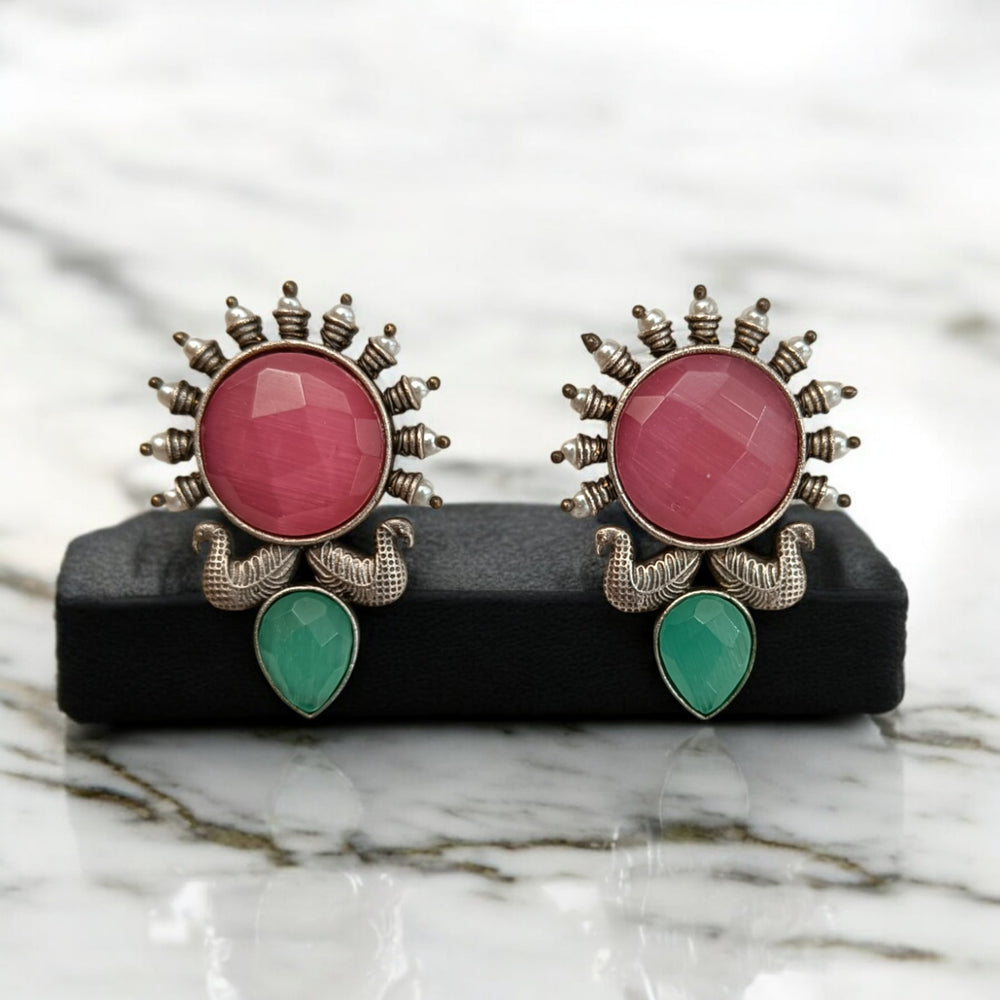 Tela Naari Oxidised Silver-Plated Sunburst Earrings - TelaNaari