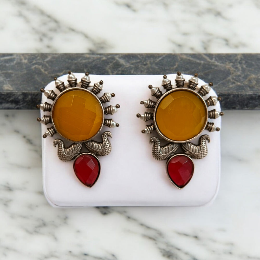 Tela Naari Oxidised Silver-Plated Sunburst Earrings - TelaNaari