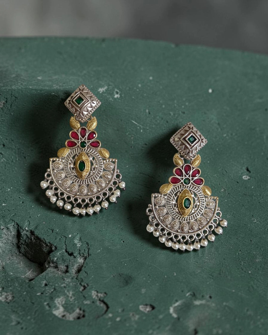 Daania dual tone chandbali earrings flat lay – ethnic festive jewellery by TelaNaari