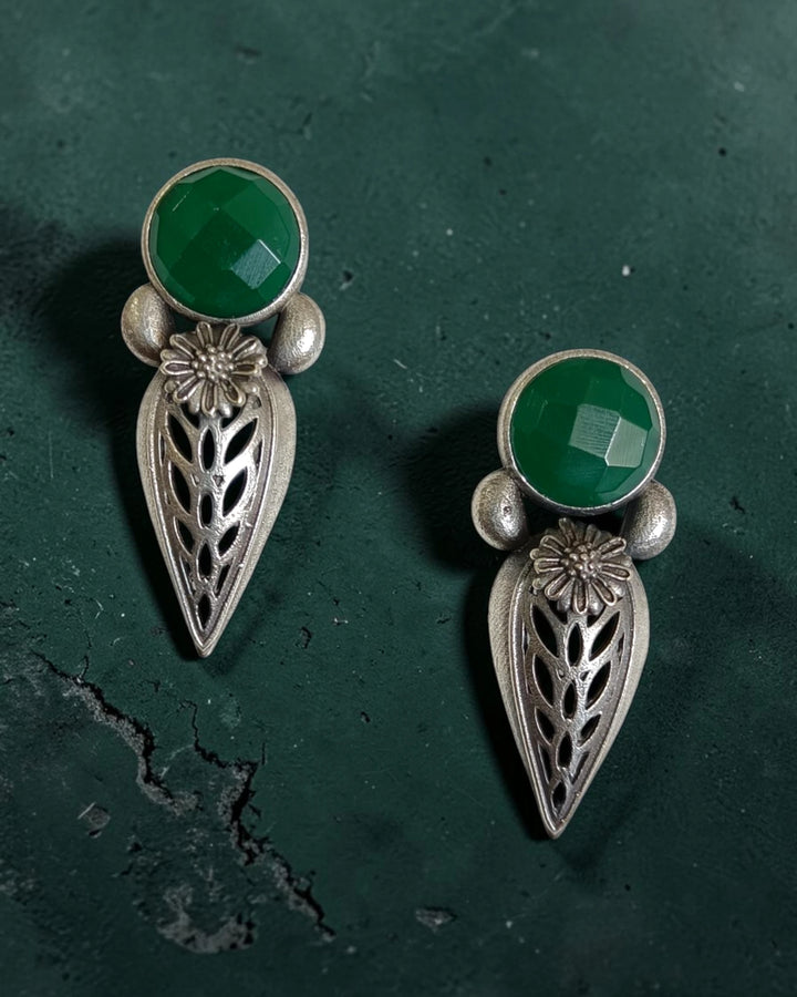 Emerald Green & Silver Oxidized Teardrop Stud Earrings Adinah