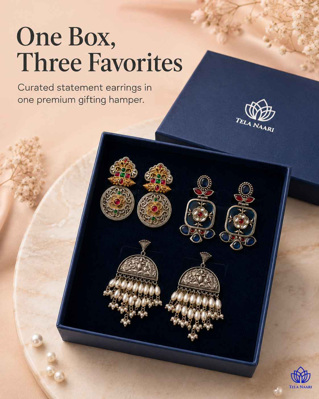 Styled shot: layered necklace and earrings from the Gardenia Hamper, a gift for bhabhi