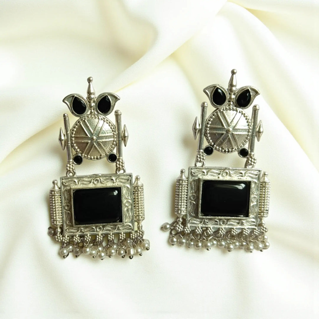 Elegant Bhavyashri oxidised pearl earrings in black by Tela Naari – ideal for evening and party wear
