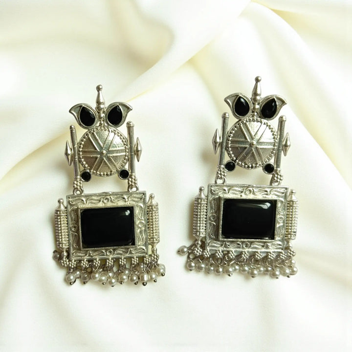 Elegant Bhavyashri oxidised pearl earrings in black by Tela Naari – ideal for evening and party wear
