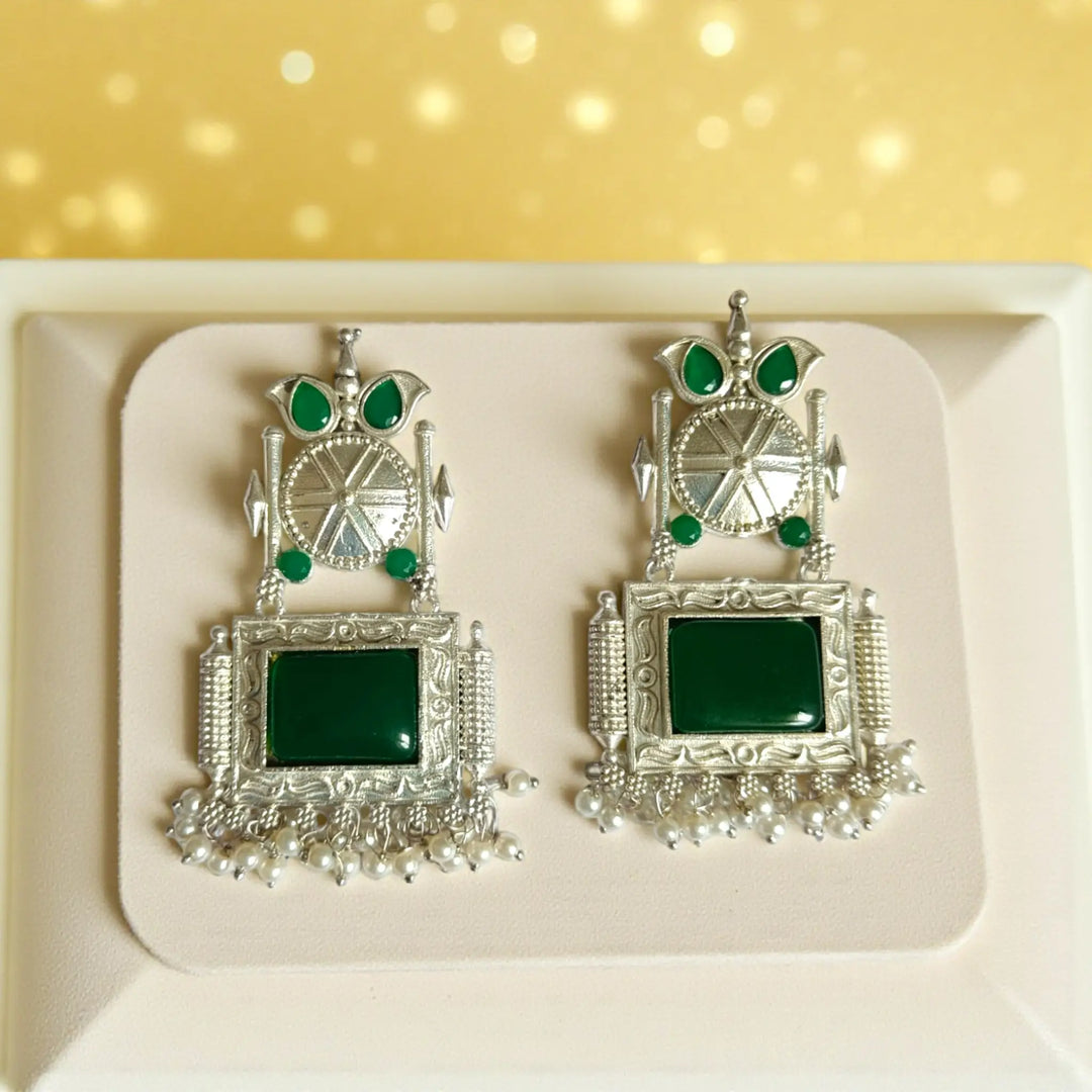Elegant Bhavyashri oxidised pearl earrings in green by Tela Naari – handcrafted ethnic design perfect for gifting
