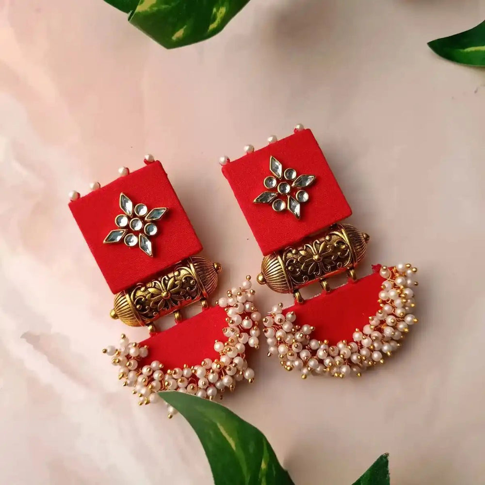 Telanaari Alia Red Handmade Fabric Earrings – Bold Ethnic Statement Jewelry - TelaNaari