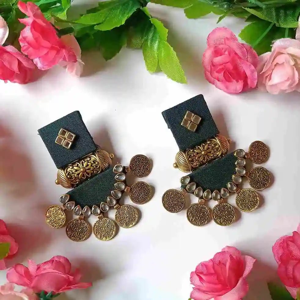 Telanaari Dove Handmade Dark Green Fabric Earrings | Gold-Plated Ethnic Jewelry - TelaNaari