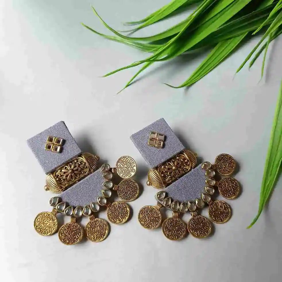 Telanaari Dove Handmade Grey Fabric Earrings | Gold-Plated Ethnic Jewelry - TelaNaari