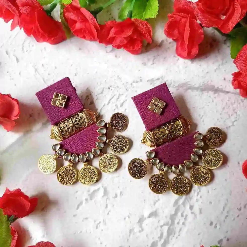 Telanaari Dove Handmade Purple Fabric Earrings | Gold-Plated Ethnic Jewelry - TelaNaari