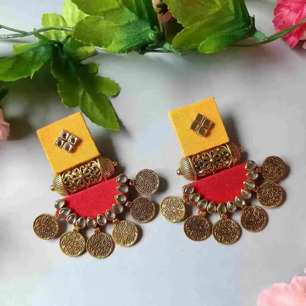 Telanaari Dove Handmade Yellow & Red Fabric Earrings | Gold-Plated Traditional Jewelry - TelaNaari
