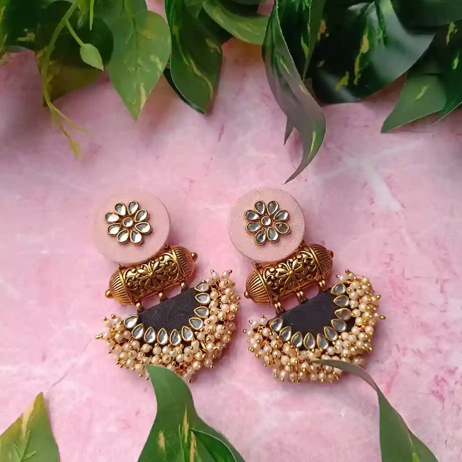 Telanaari Asmee Baby Pink & Black Handmade Fabric Earrings – Indo-Western Elegance - TelaNaari