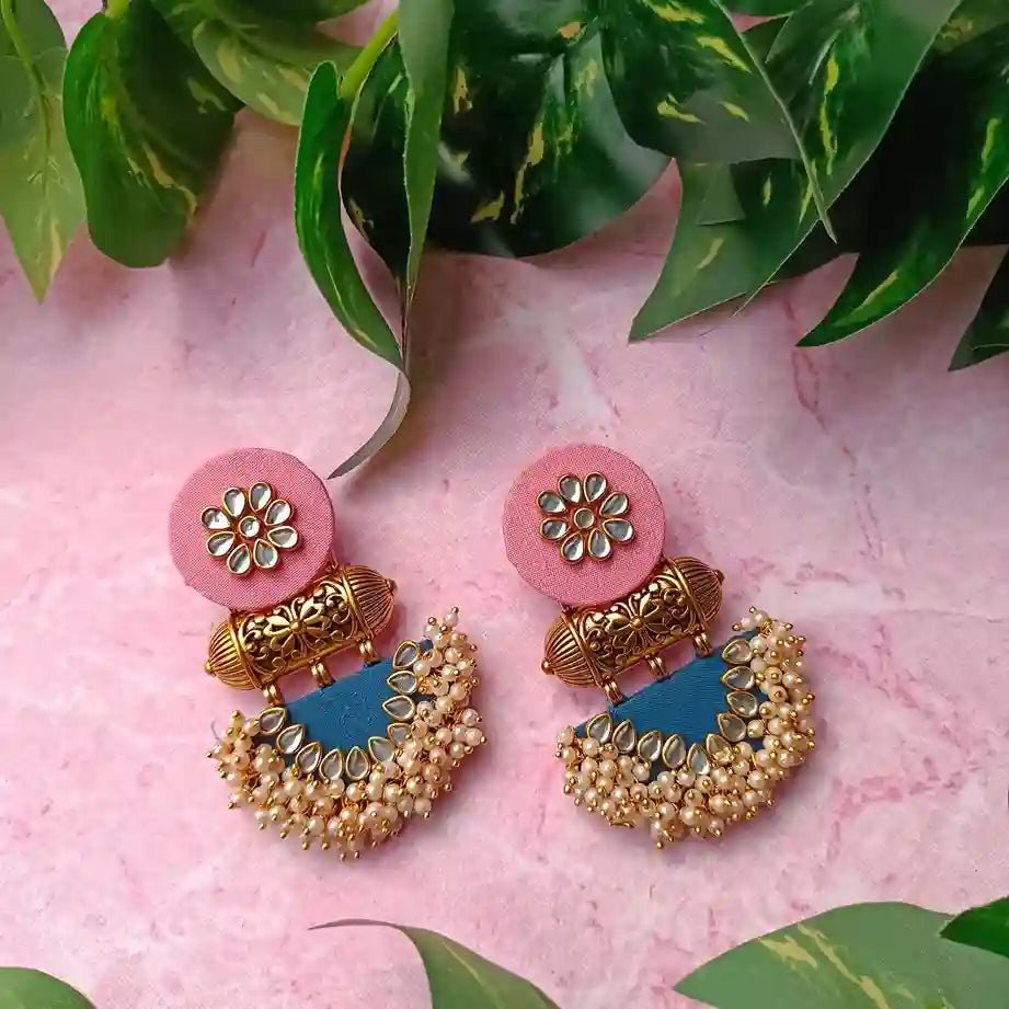 Telanaari Asmee Baby Pink & Blue Handmade Fabric Earrings – Pastel Perfection - TelaNaari