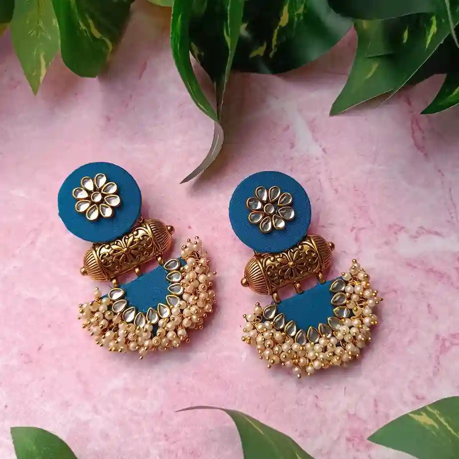 Telanaari Asmee Blue Handmade Fabric Earrings – MDF Base, Gold-Plated Ethnic Jewelry - TelaNaari