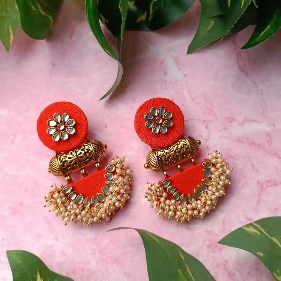 Telanaari Asmee Orange Handmade Fabric Earrings – MDF Base, Vibrant Festive Earrings - TelaNaari