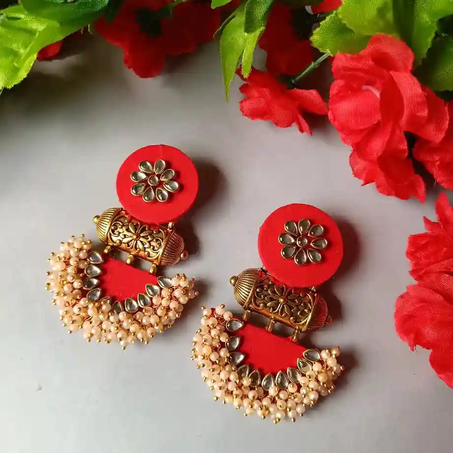 Telanaari Asmee Red Handmade Fabric Earrings – Festive Ethnic Wear - TelaNaari