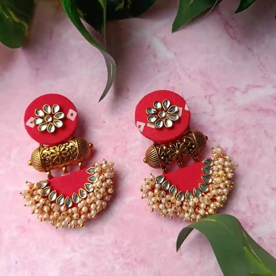 Telanaari Asmee Red & White Bandhani Handmade Fabric Earrings – MDF Base, Classic Ethnic Earrings - TelaNaari