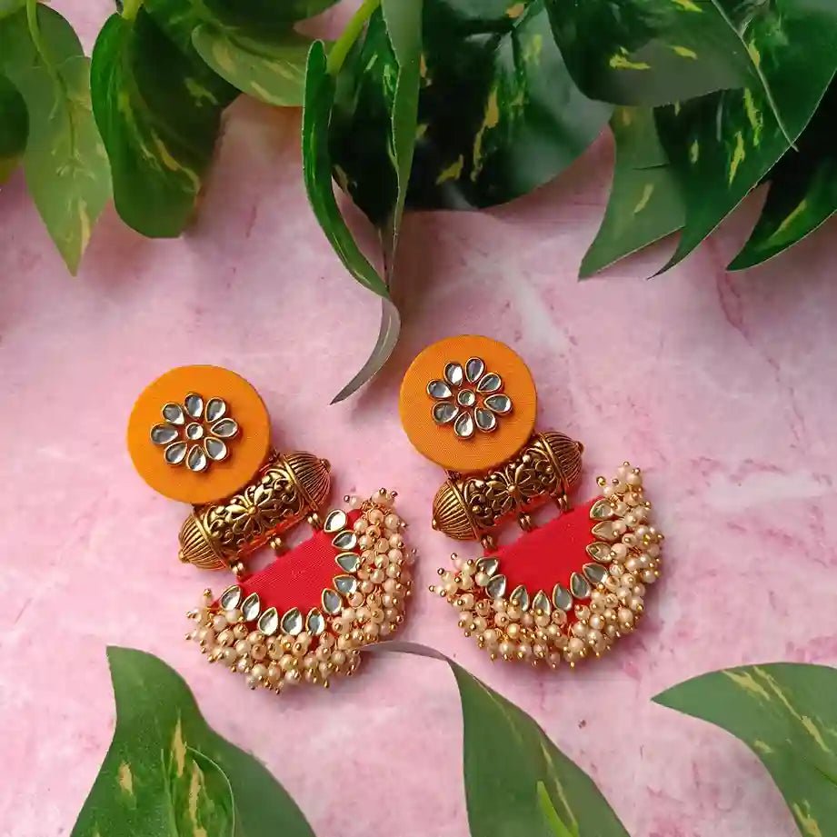 Telanaari Asmee Yellow & Red Handmade Fabric Earrings – MDF Base, Bold & Elegant Design - TelaNaari