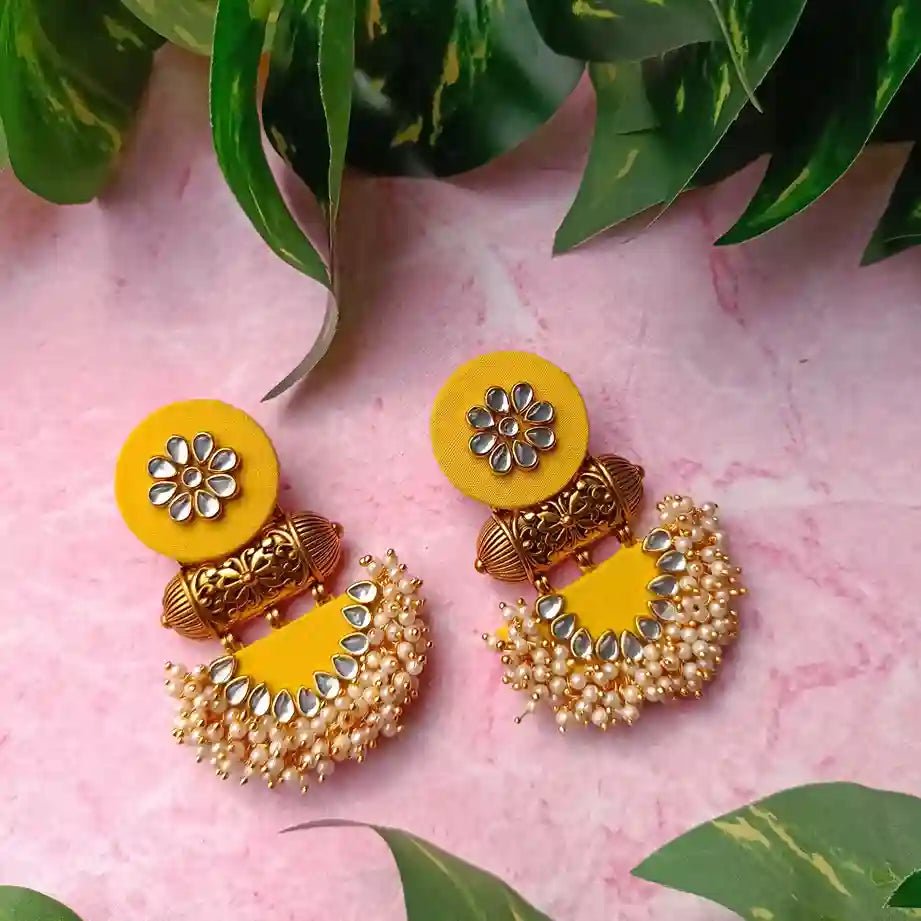 Telanaari Asmee Yellow Handmade Fabric Earrings – MDF Base, Festive Ethnic Jewelry - TelaNaari