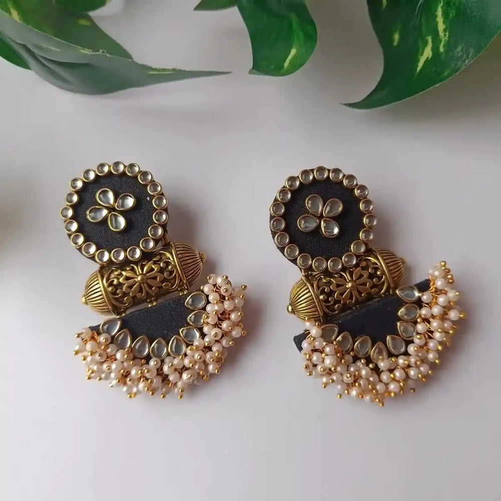 Telanaari Nargis Black Handmade Fabric Earrings | Elegant Gold-Plated Jewelry - TelaNaari