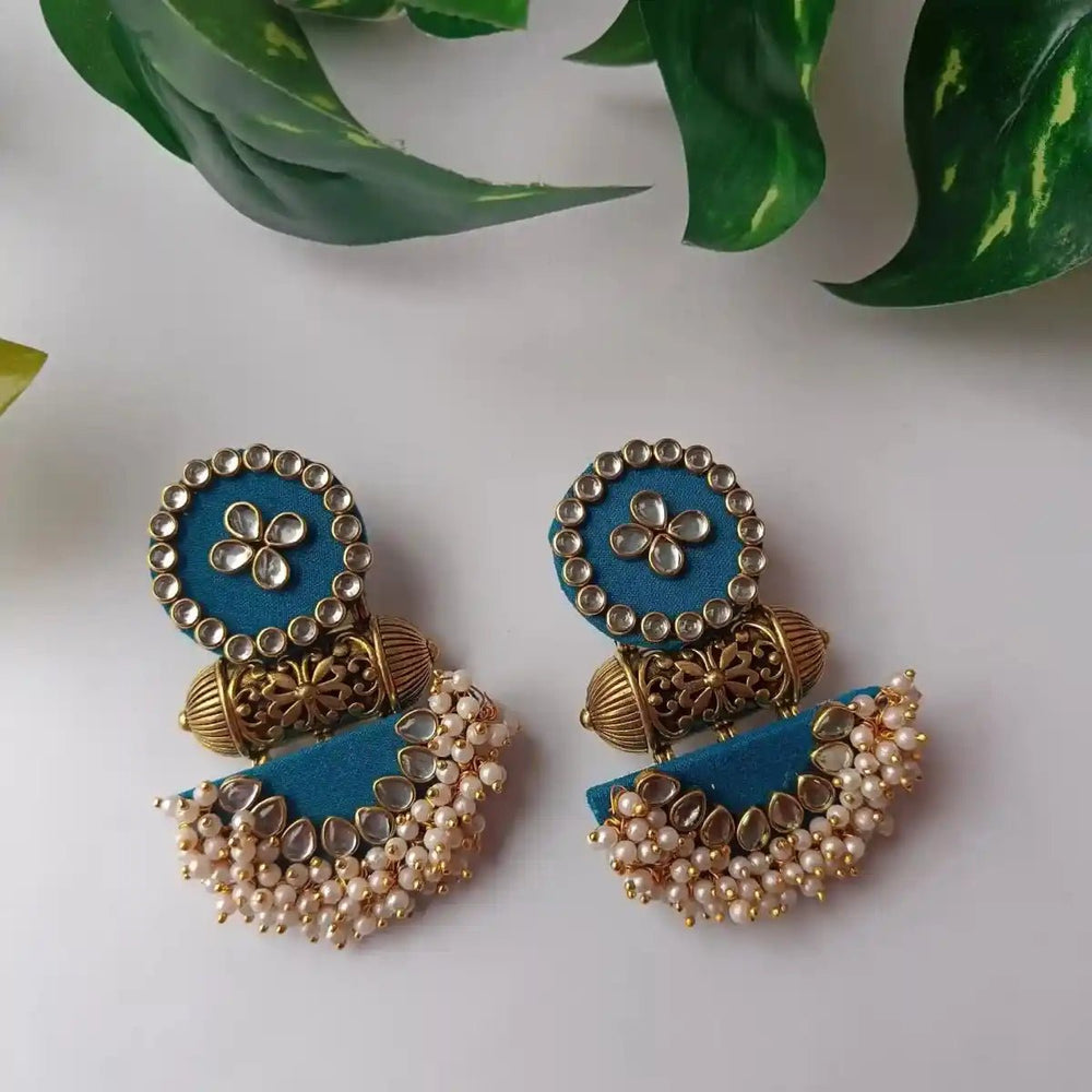Telanaari Nargis Blue Handmade Fabric Earrings | Handcrafted Gold-Plated Jewelry - TelaNaari