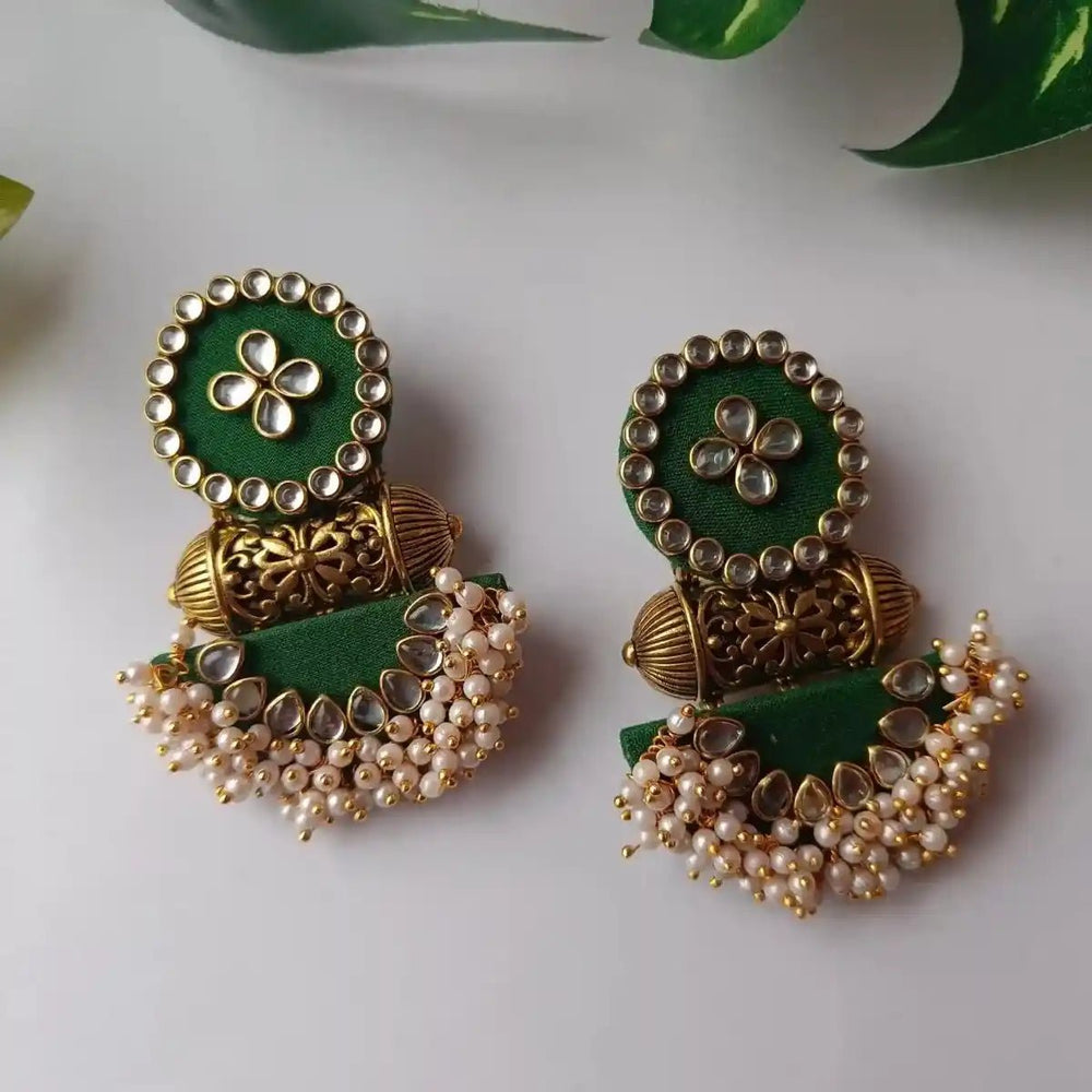 Telanaari Nargis Green Handmade Fabric Earrings | Handcrafted Gold-Plated Jewelry - TelaNaari