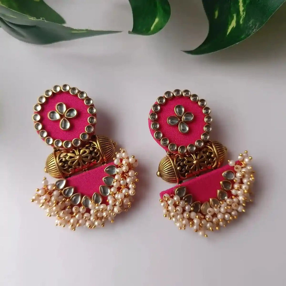 Telanaari Nargis Pink Handmade Fabric Earrings | Gold-Plated Lightweight Jewelry - TelaNaari