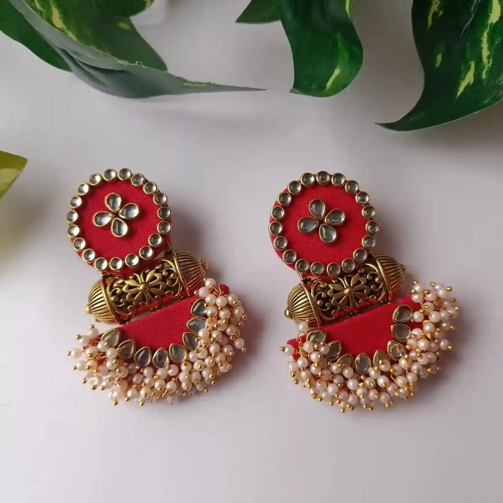Telanaari Nargis Red Handmade Fabric Earrings | Gold-Plated Ethnic Jewelry - TelaNaari
