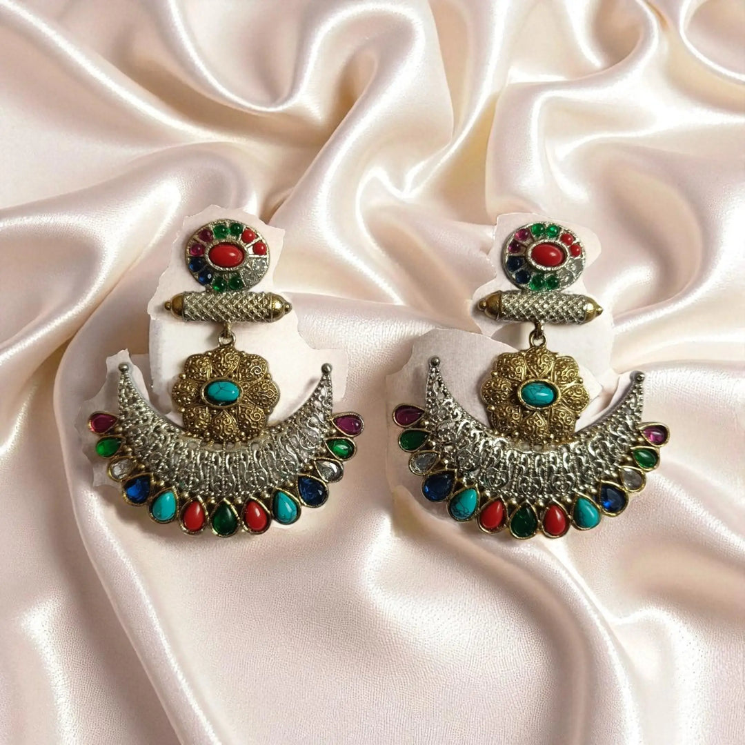 Timeless Ankita dual tone silver plated earrings in multicolor by Tela Naari – ideal for festive & wedding ensembles
