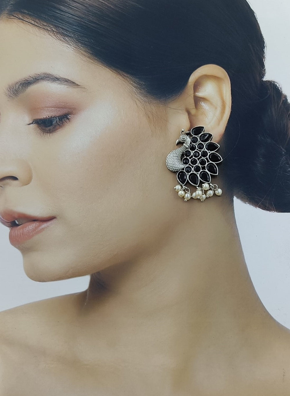 Classic Timeless Mayur Silver Pearl Oxidised Earrings - TelaNaari